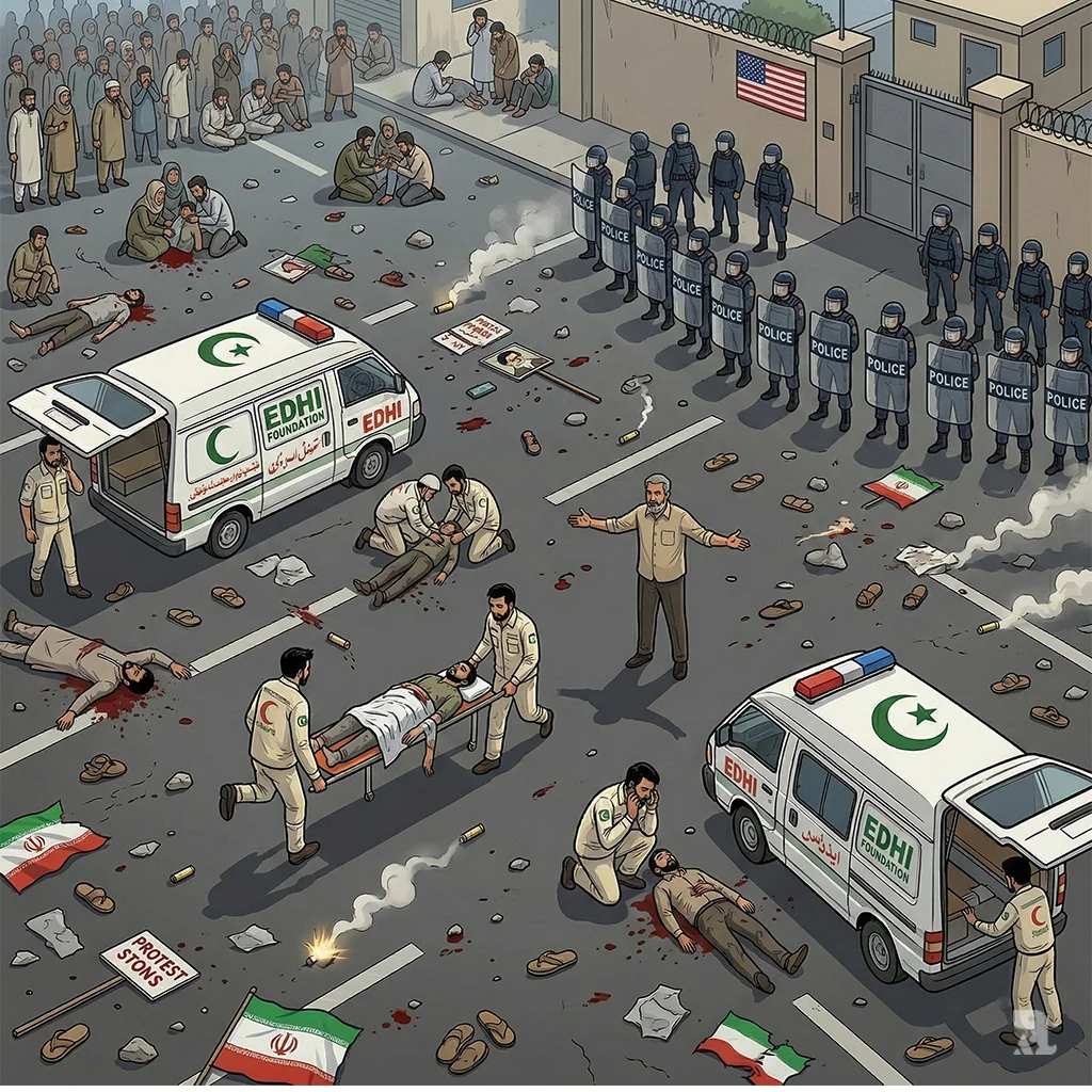 Edhi Foundation rescue workers and ambulances tend to wounded protesters on the street outside the US Consulate in Karachi following the deadly shooting.