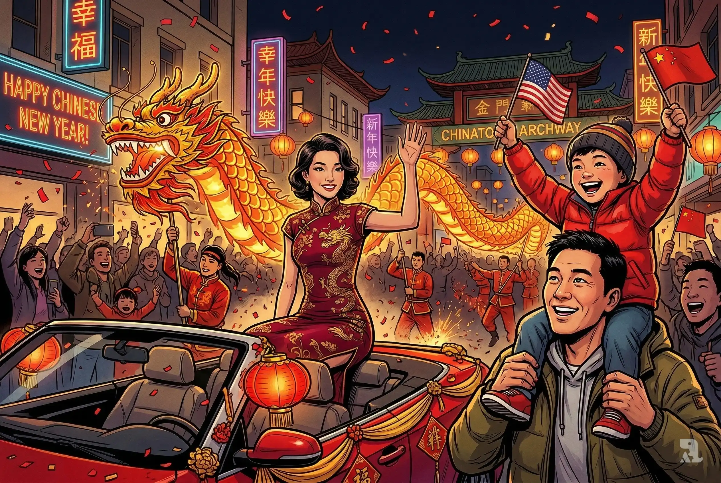 Eileen Gu waves from parade convertible as father and child cheer beneath glowing dragon during vibrant San Francisco Chinese New Year celebration.
