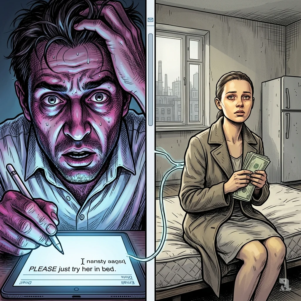 Split-screen showing Elkholy typing a desperate plea on a tablet and a young woman clutching cash on a bare mattress in Eastern Europe.