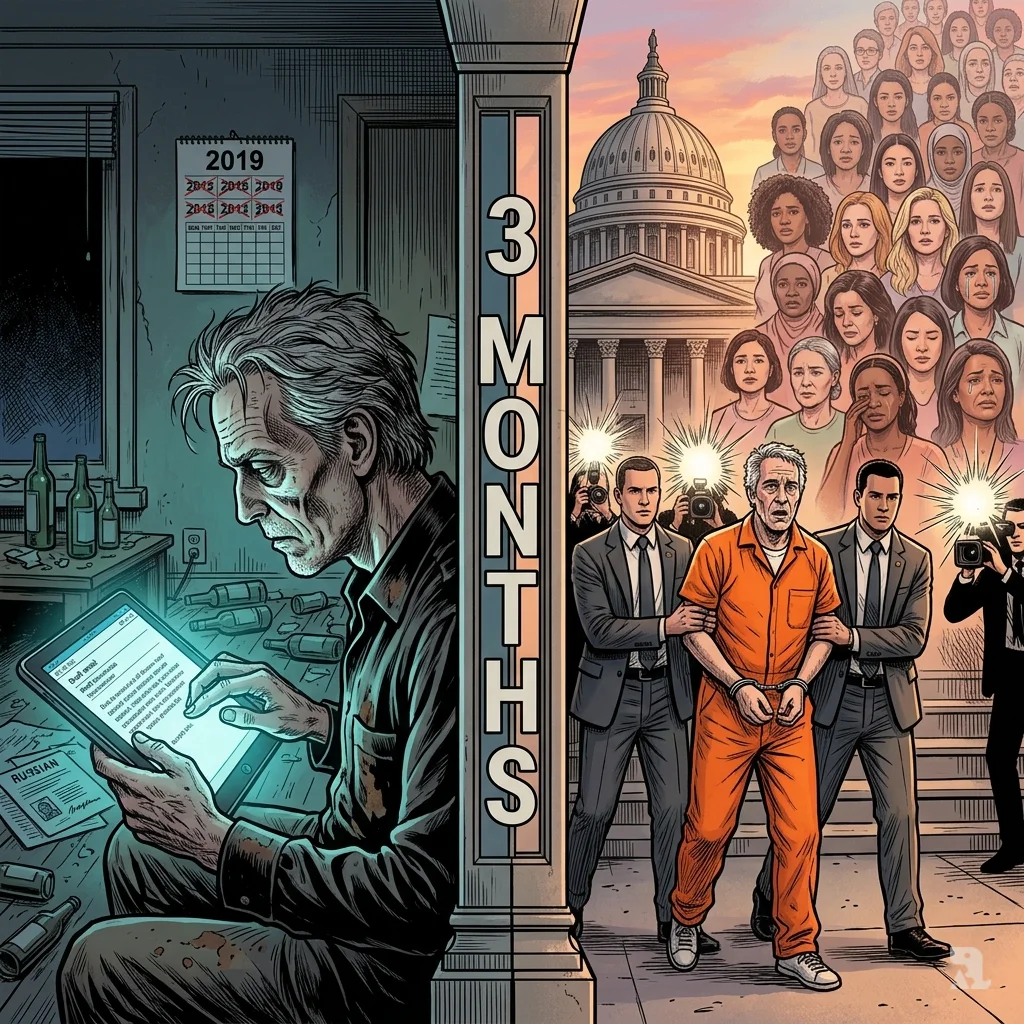 A split panel shows Elkholy isolated in a dark room in 2019, next to Epstein’s arrest on courthouse steps with ghostly victim figures.