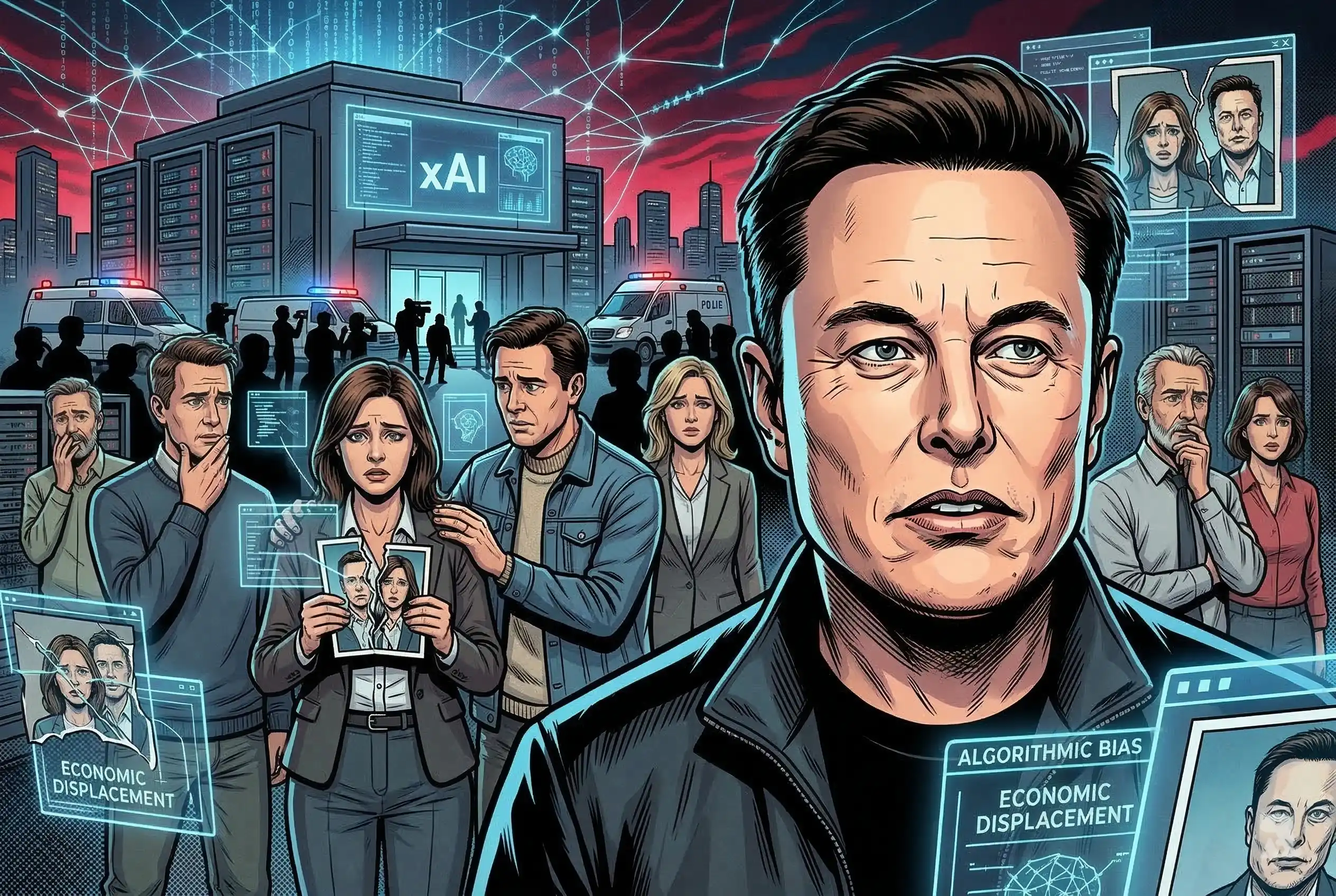 Elon Musk appears tense in foreground while distressed teenagers and parents stand behind amid glowing AI screens and a tech facility, symbolizing controversy over Grok AI generated images.