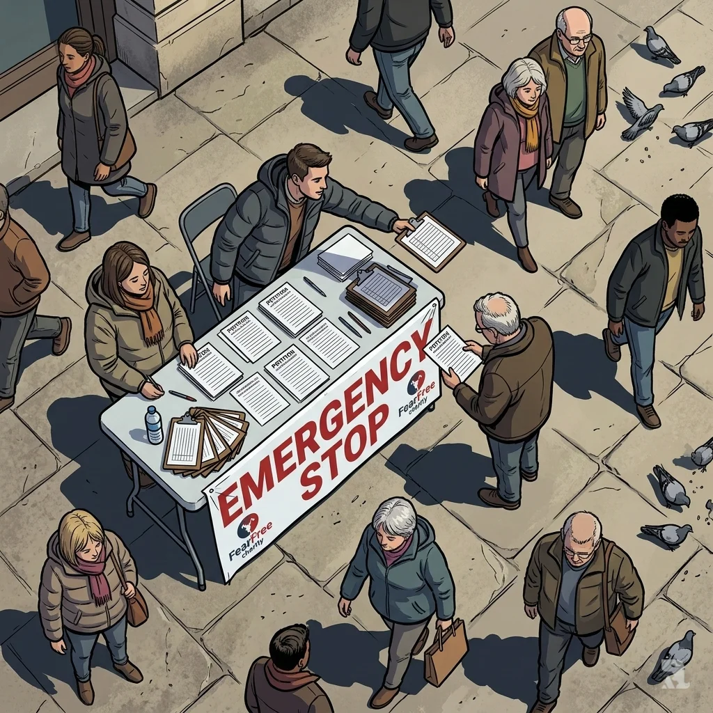 An aerial view of a busy pavement where volunteers manage a petition table. A red banner reads "EMERGENCY STOP," part of a campaign to close a gap in safeguarding law.