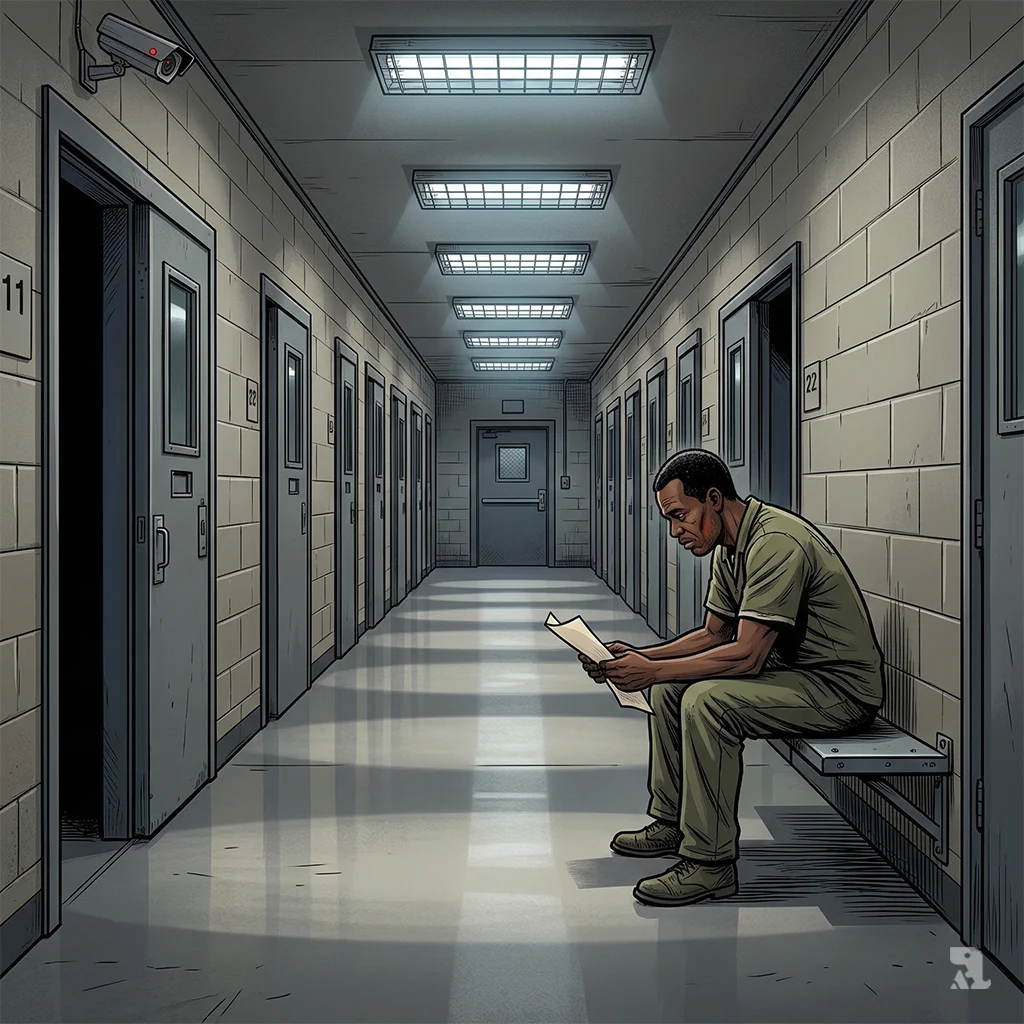 A solitary Emmanuel Damas sits hunched on a bench in an empty detention corridor, holding his asylum denial document with his jaw visibly swollen.