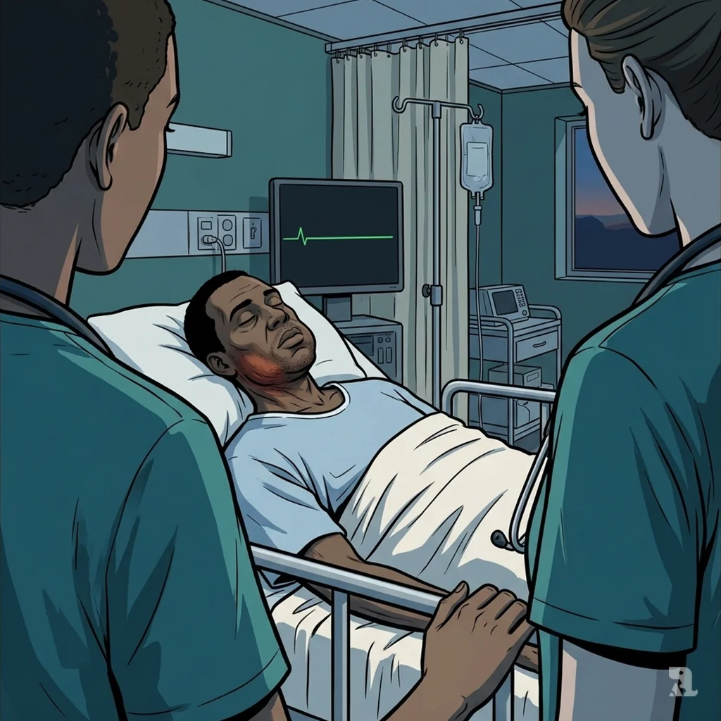 A flatline on a cardiac monitor beside a hospital bed where Emmanuel Damas lies deceased, his face showing a severely swollen jaw from an untreated infection.