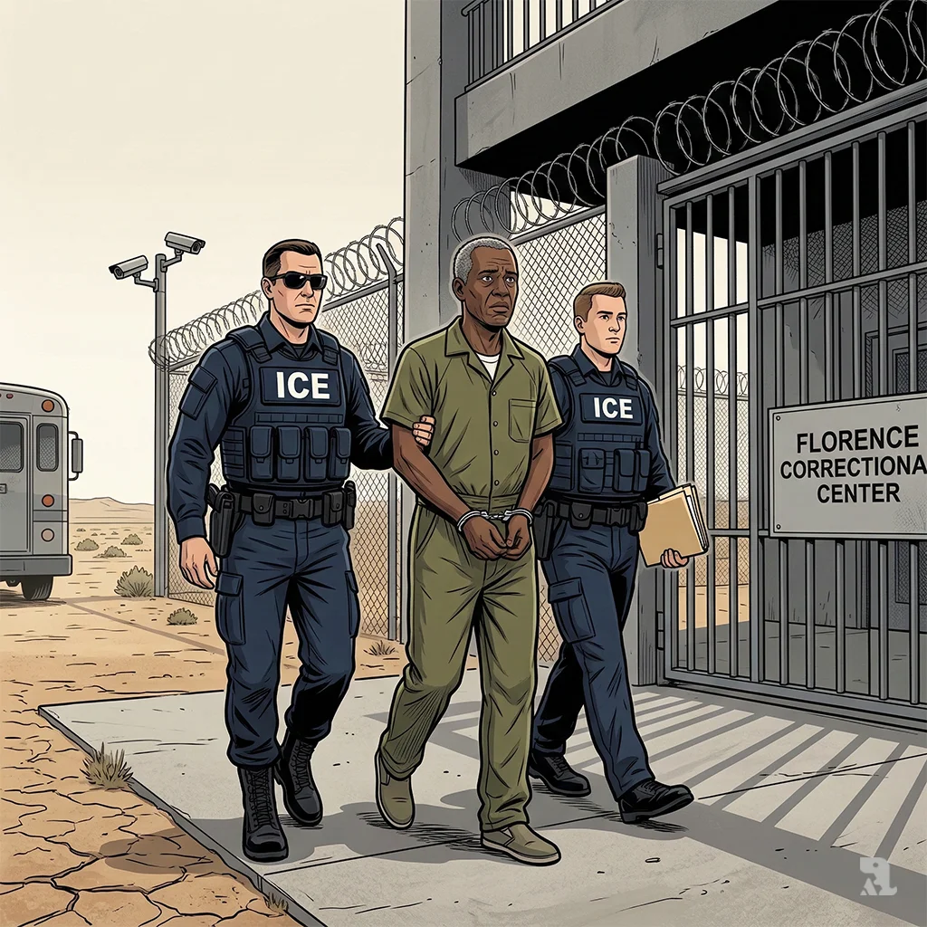 Emmanuel Damas, wearing an olive jumpsuit, is escorted by two ICE officers through the gate of the Florence Correctional Center in Arizona.
