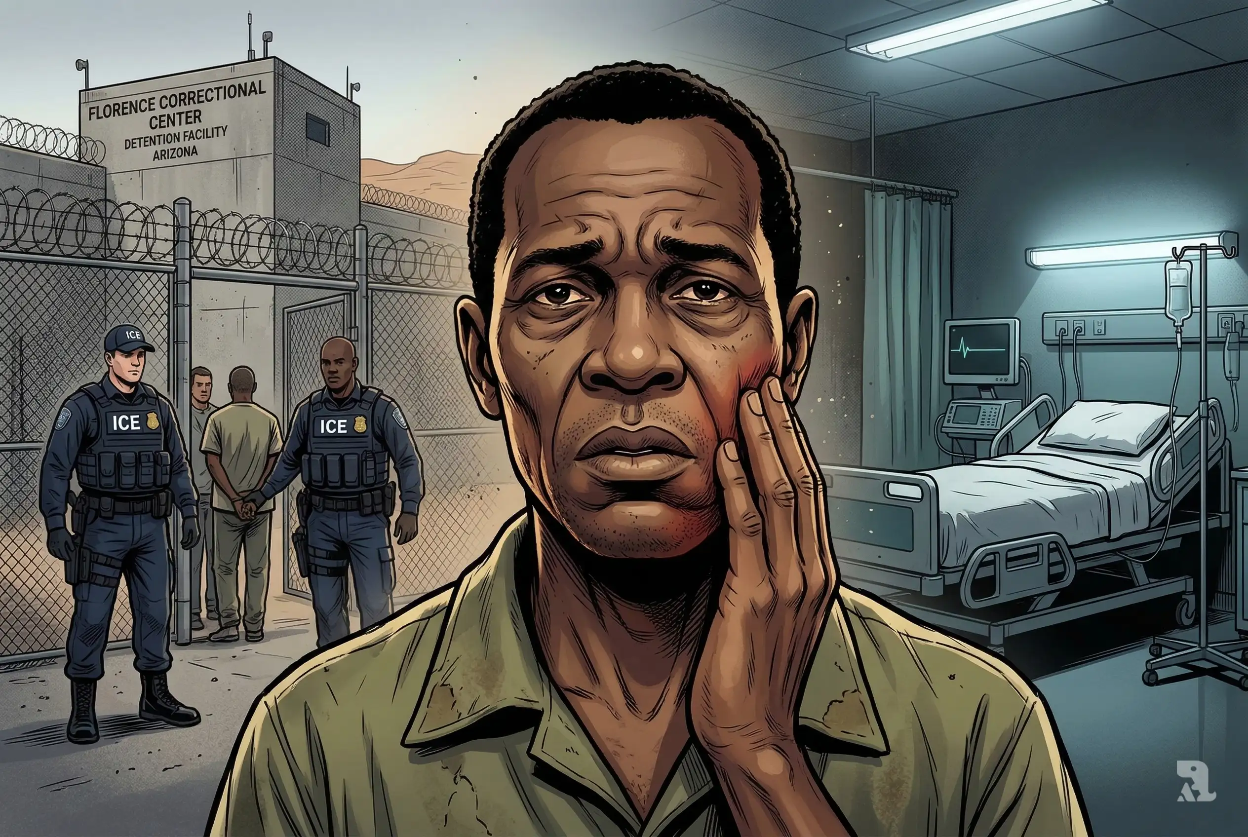 Close-up cinematic illustration of Haitian detainee Emmanuel Damas holding his swollen jaw while ICE detention center and hospital scene appear in the background, representing death after untreated tooth infection in custody.