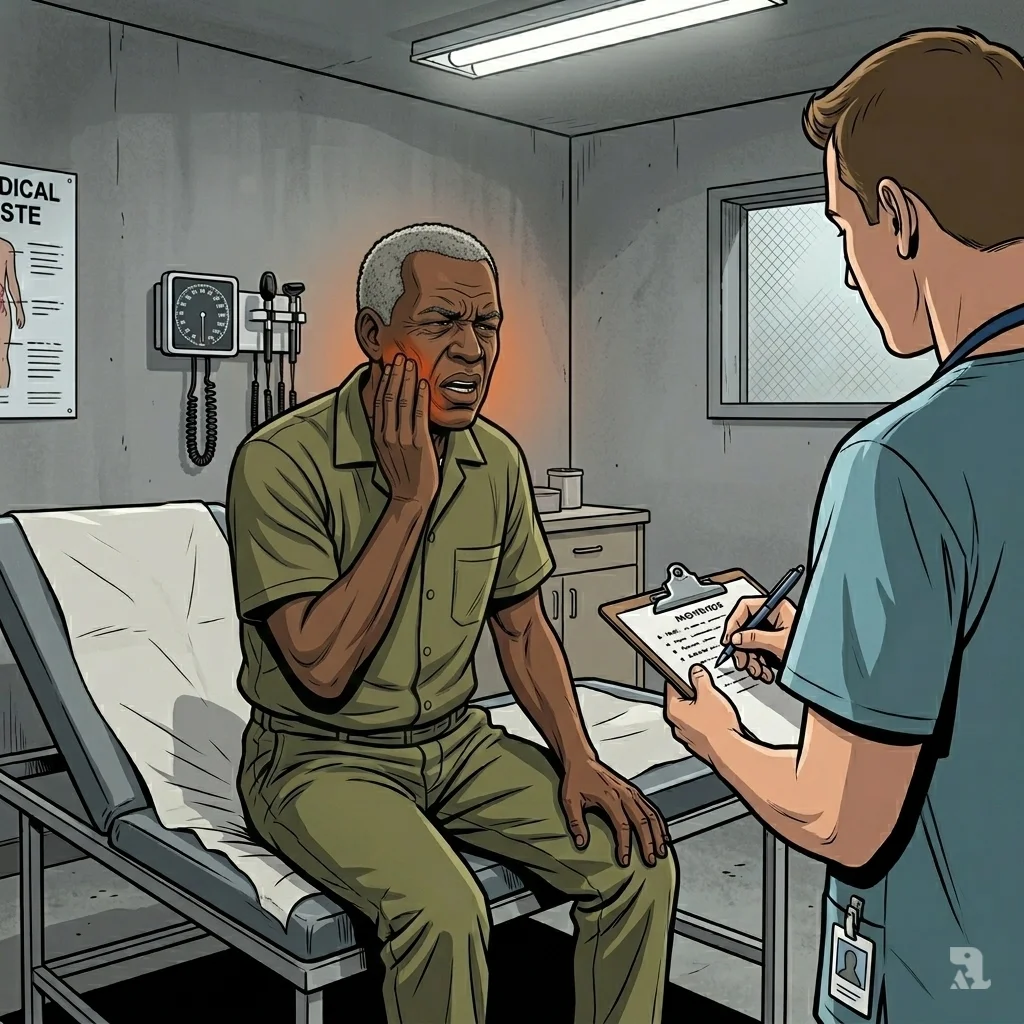 Detainee Emmanuel Damas sits in a clinic, pressing his swollen jaw in pain while a medical staff member writes on a clipboard, appearing dismissive.