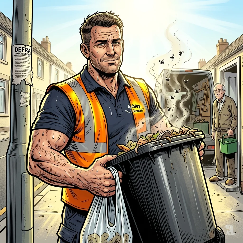 A binman named Ashley lifts a bin in the summer heat, sweat on his brow. He gestures with a liner bag, instructing an elderly resident holding a green caddy.