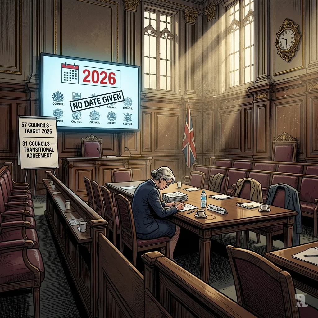 An empty Victorian council chamber. A single councillor sits alone at a large table as a digital screen shows 2026 with “NO DATE GIVEN” stamped across it.