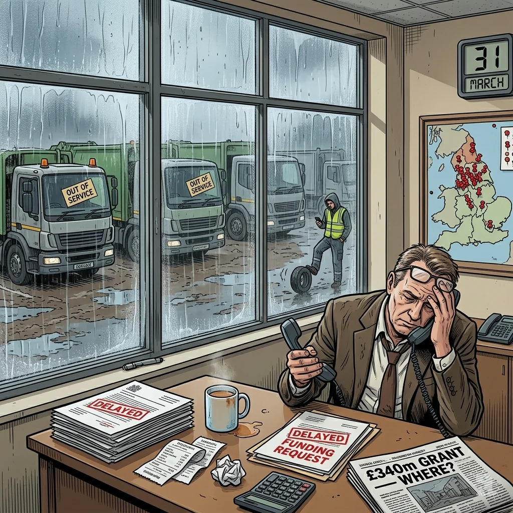A council official holds his head in frustration inside a depot. Rain streaks the window as refuse trucks sit idle in the yard with out-of-service tags.