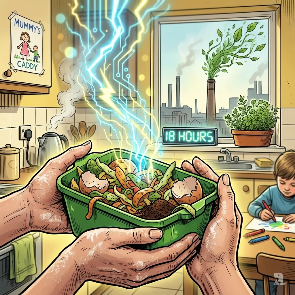 Close-up of hands holding a green food caddy. Stylized lightning bolts rise from the vegetable scraps, symbolizing energy transformation, with a factory visible outside.