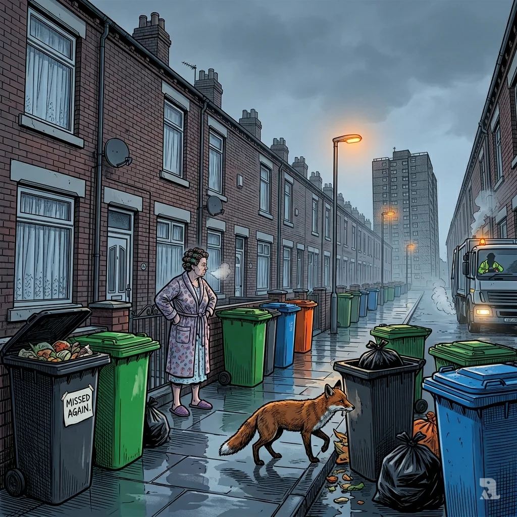 A grey dawn on an English street. Overflowing bins sit at the kerb as a woman in a housecoat stares with resignation while a fox rummages for food.
