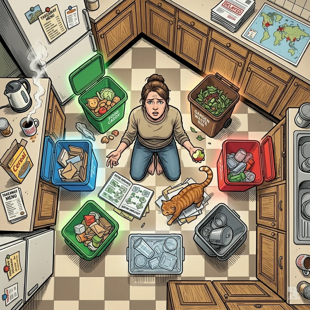 A bird’s-eye view of a woman kneeling on a kitchen floor surrounded by seven different coloured recycling containers, holding an apple in confusion.