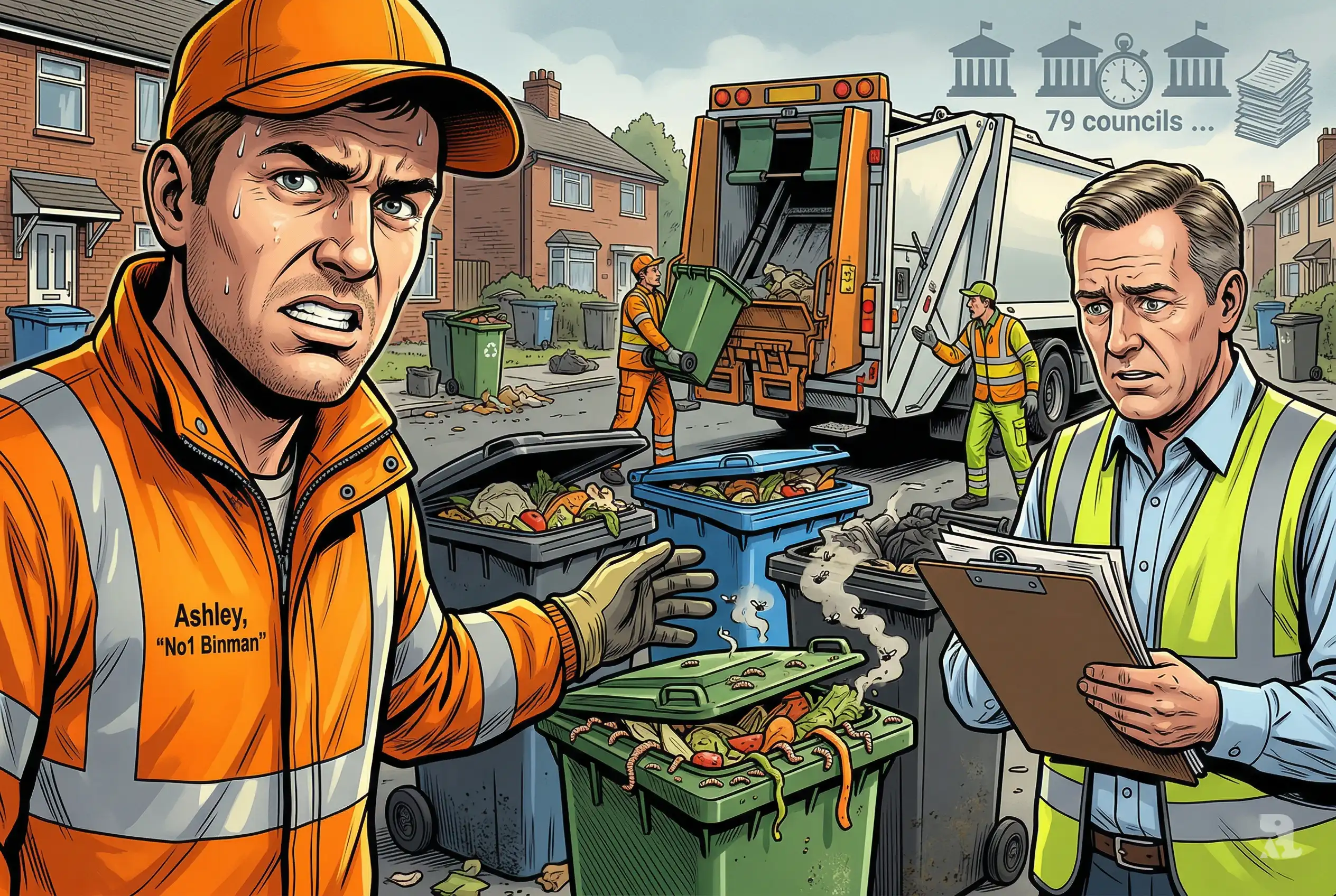 Refuse worker and council official stand before overflowing recycling bins and garbage truck in England, highlighting chaos and delays in nationwide food waste collection rollout.