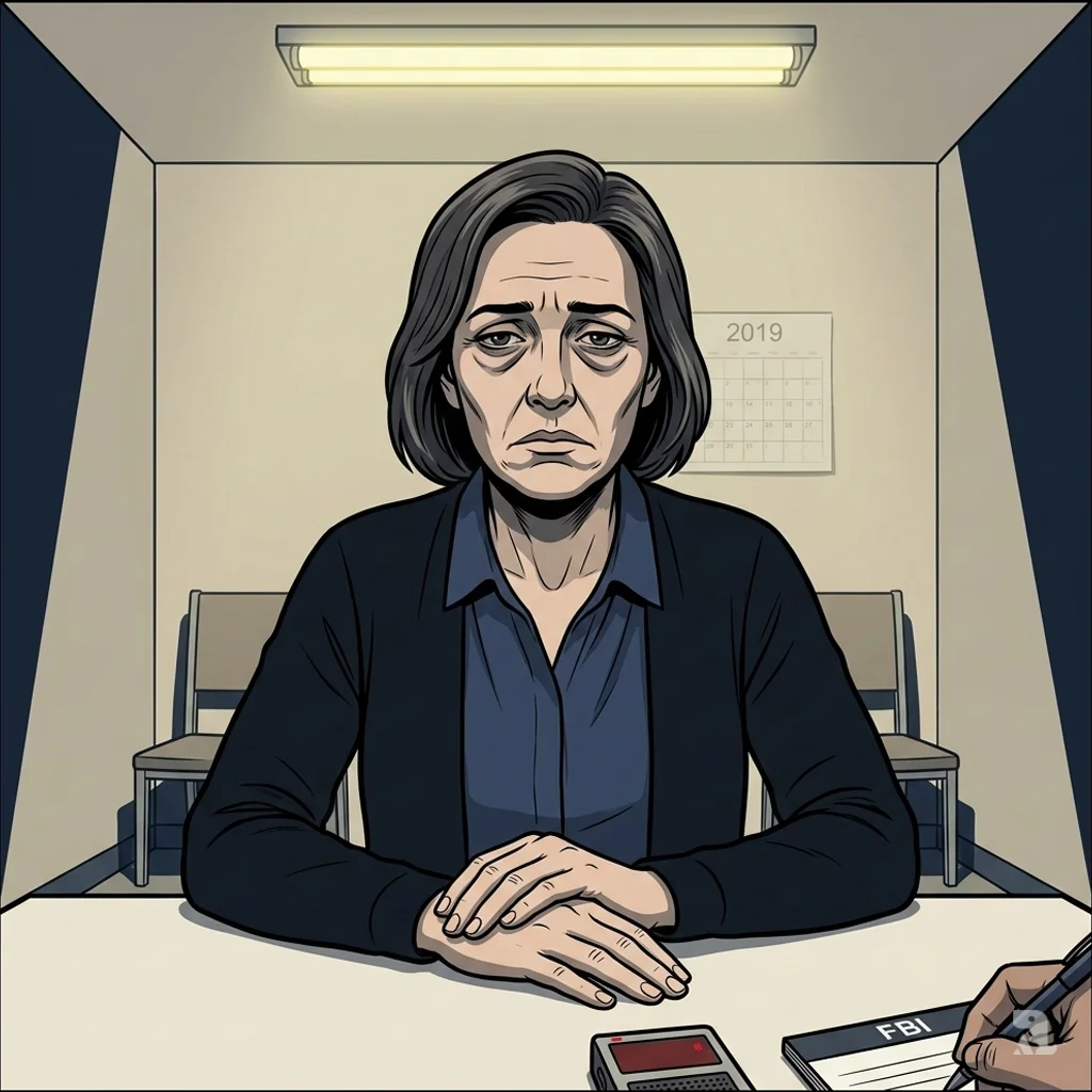 An exhausted woman sits at an FBI interview table in 2019, her expression weary as she recounts her experiences with Trump.