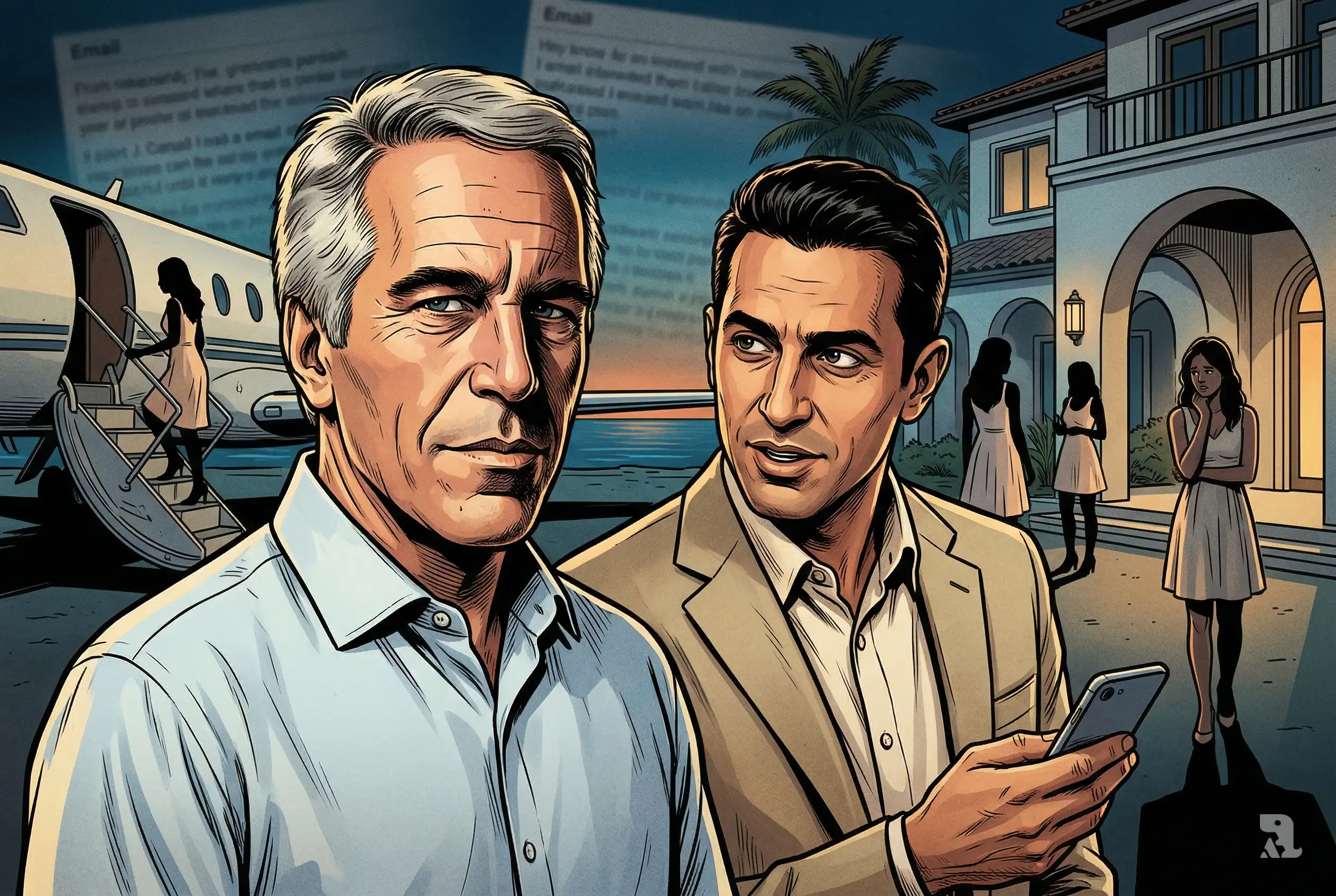 Jeffrey Epstein and Ramsey Elkholy in a tense cinematic scene with email overlays, symbolic figures, and private jet backdrop highlighting alleged recruitment and trafficking network.