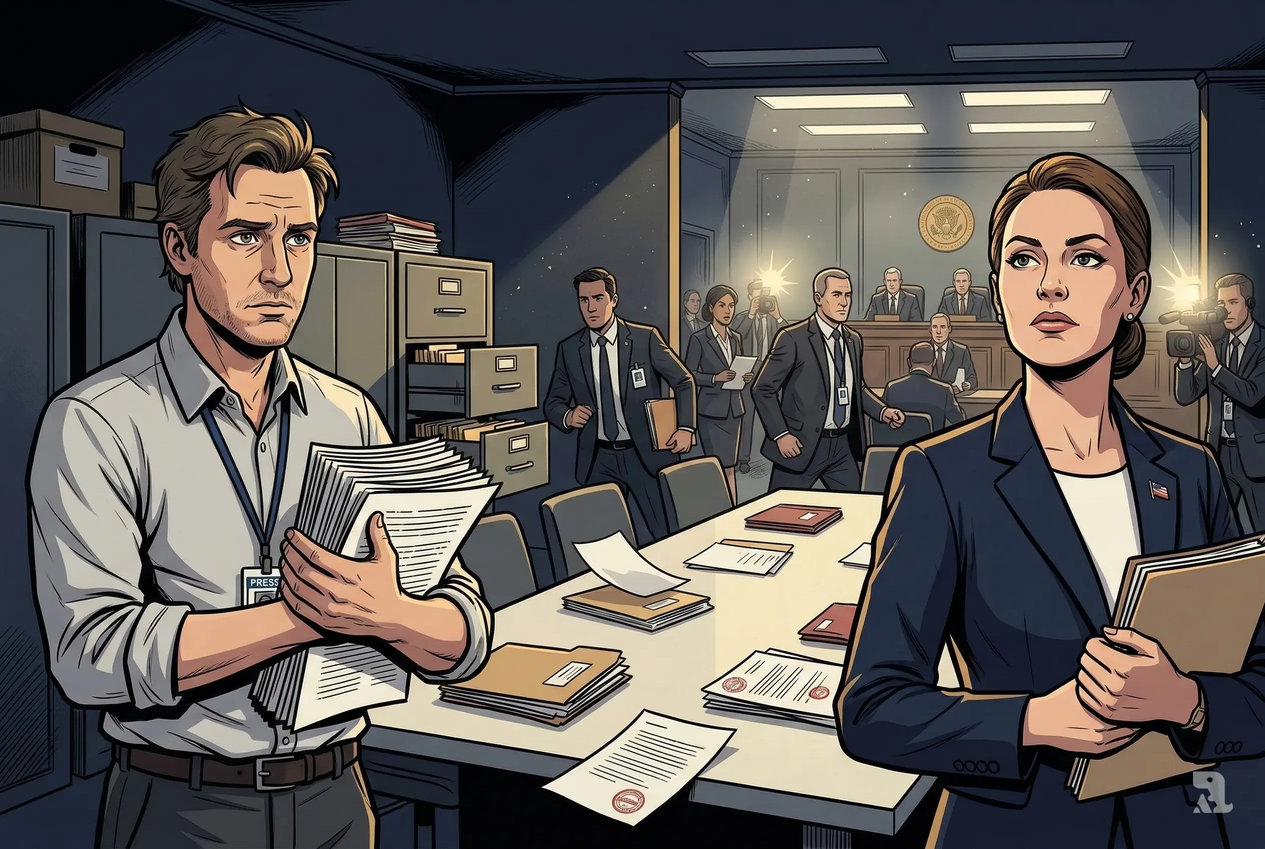 Investigative journalist and government spokeswoman in tense federal document controversy scene inside Washington government building