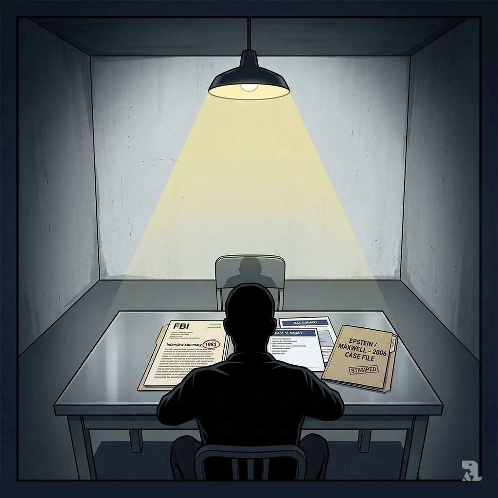 A silhouetted figure reviews shocking FBI case files detailing a 1983 sexual abuse allegation against Donald Trump involving a minor.