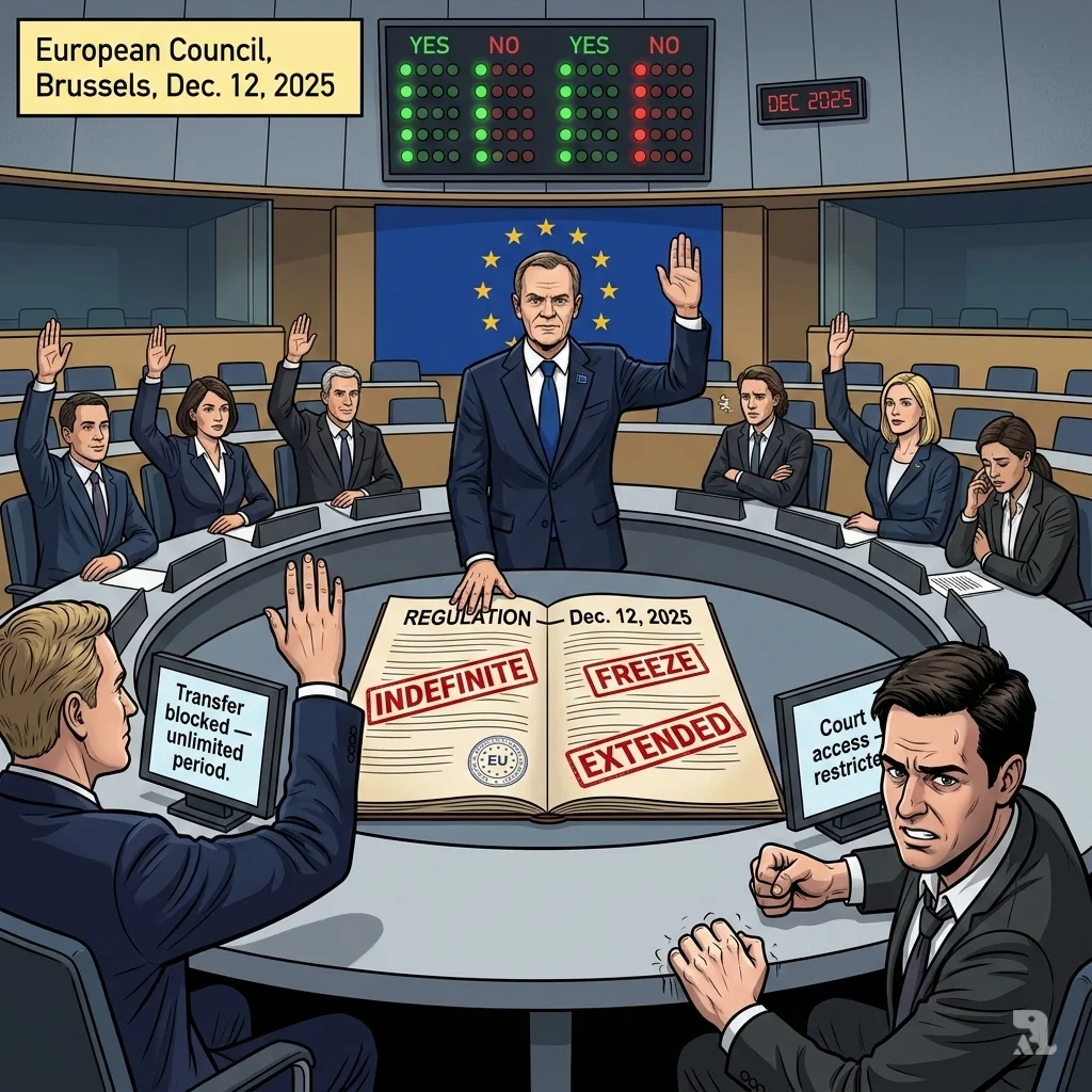 European Council members vote on a document in a formal chamber. A digital board shows a majority approving the December 2025 asset freeze regulation.