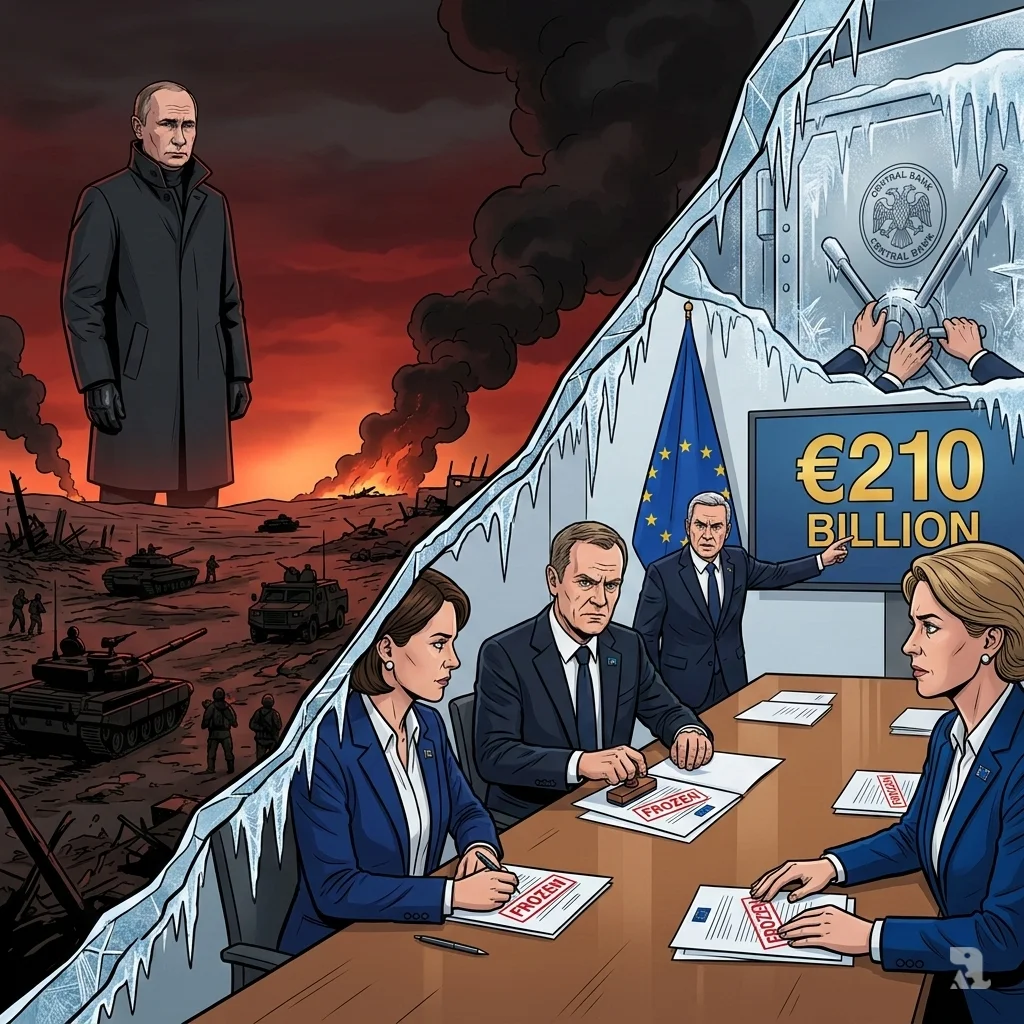 Split image shows a dark, smoky Ukrainian warzone on the left and EU officials freezing a vault with €210 billion in assets on the right.