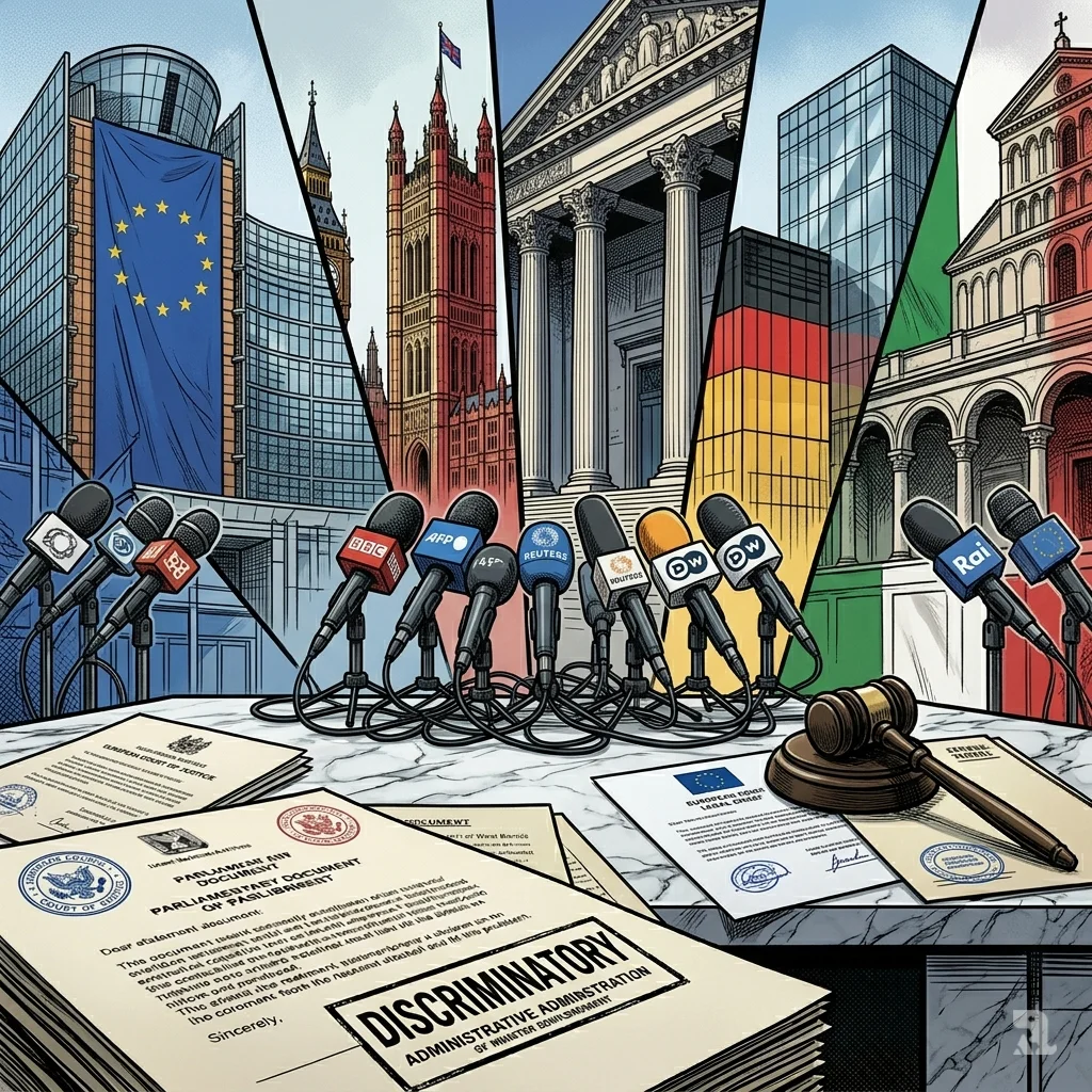 Montage of European diplomatic architecture with a cluster of international microphones and legal documents bearing official seals.