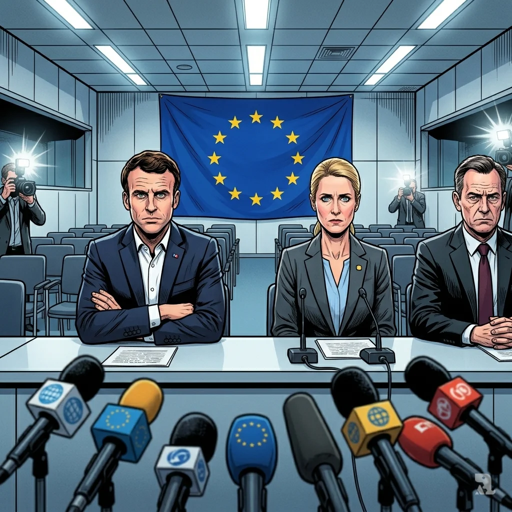Macron and EU officials sit sternly at a press conference with empty chairs, their body language showing cold resolve against a backdrop of EU flags.