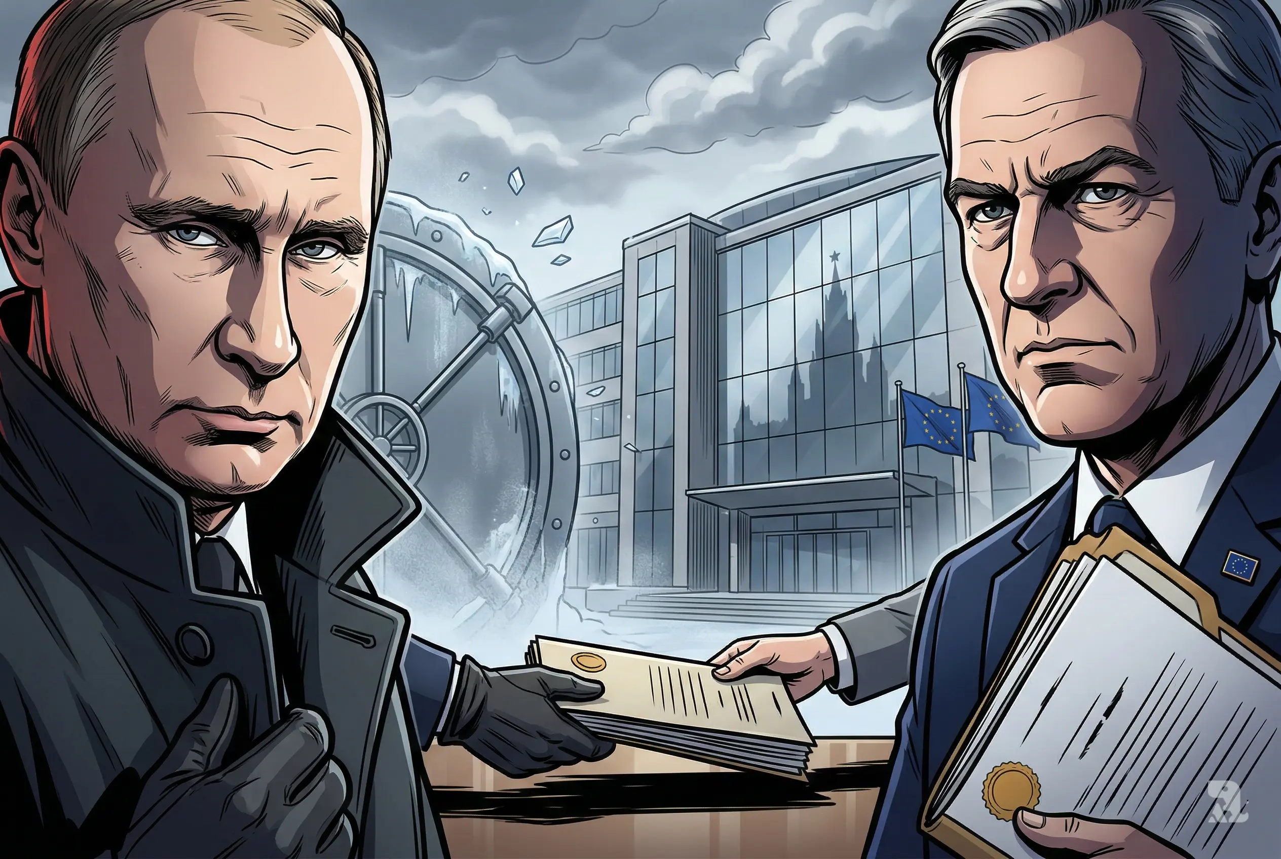 Close-up cinematic illustration of Vladimir Putin and EU official facing off outside the EU General Court in Luxembourg, with frozen vault and legal documents symbolizing €210 billion asset dispute.