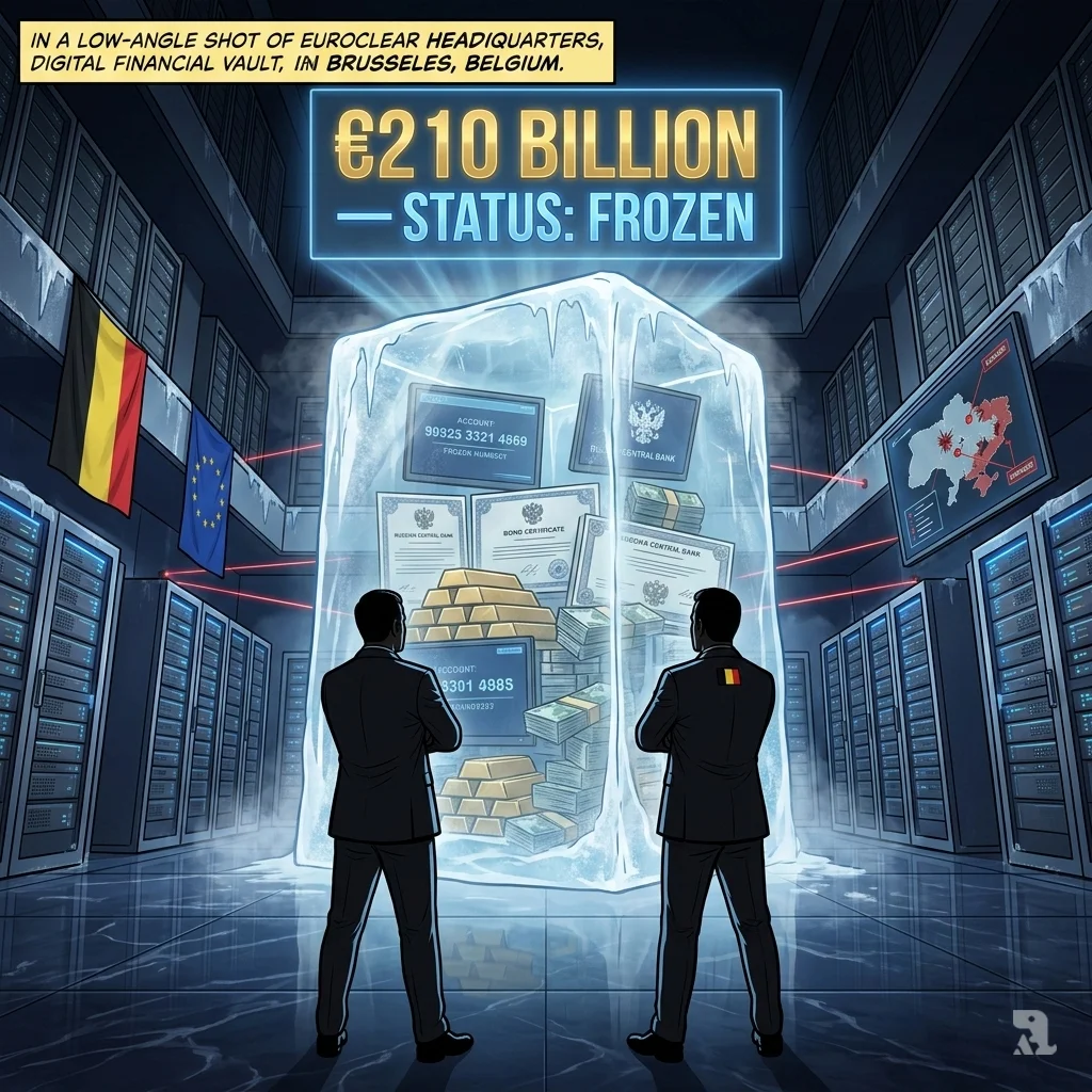 Interior view of a massive frozen vault at Euroclear in Belgium. A giant ice block traps Russian gold and currency as officials guard it.