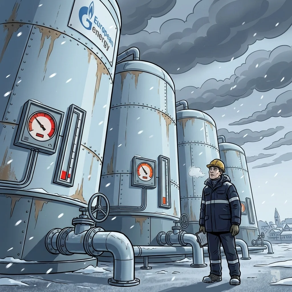 Low-angle view of massive natural gas storage tanks in Europe. Gauge panels show critically low reserves as snow falls in a cold winter landscape.