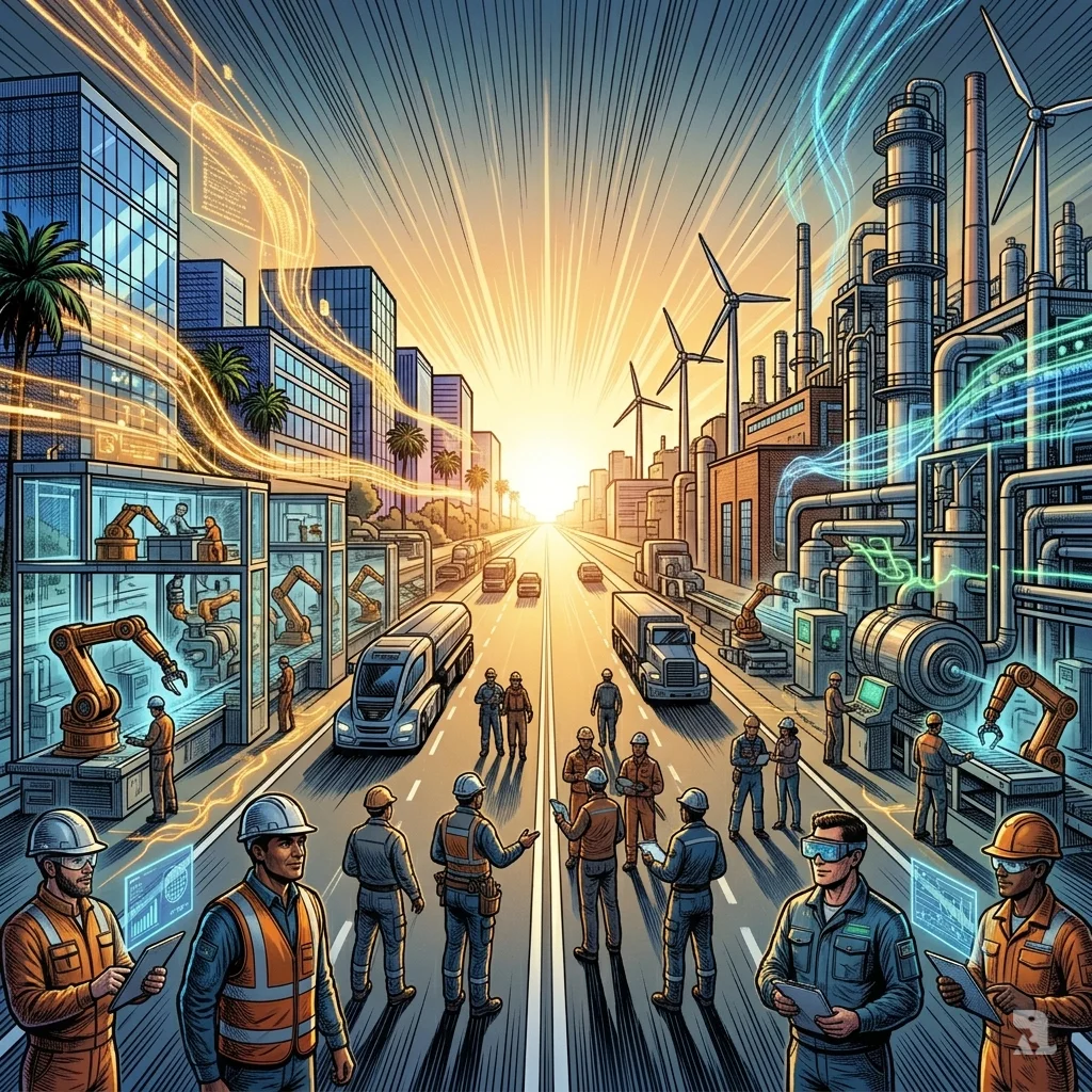 Massive German manufacturing complex integrates robotic systems and glowing data streams, workers in advanced gear oversee operations.