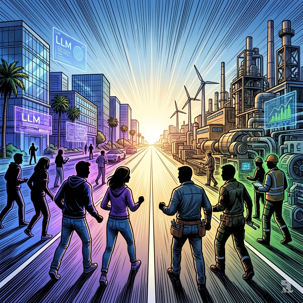 Split scene showing Silicon Valley tech campus versus European industrial landscape, connected by an open pathway into the horizon.