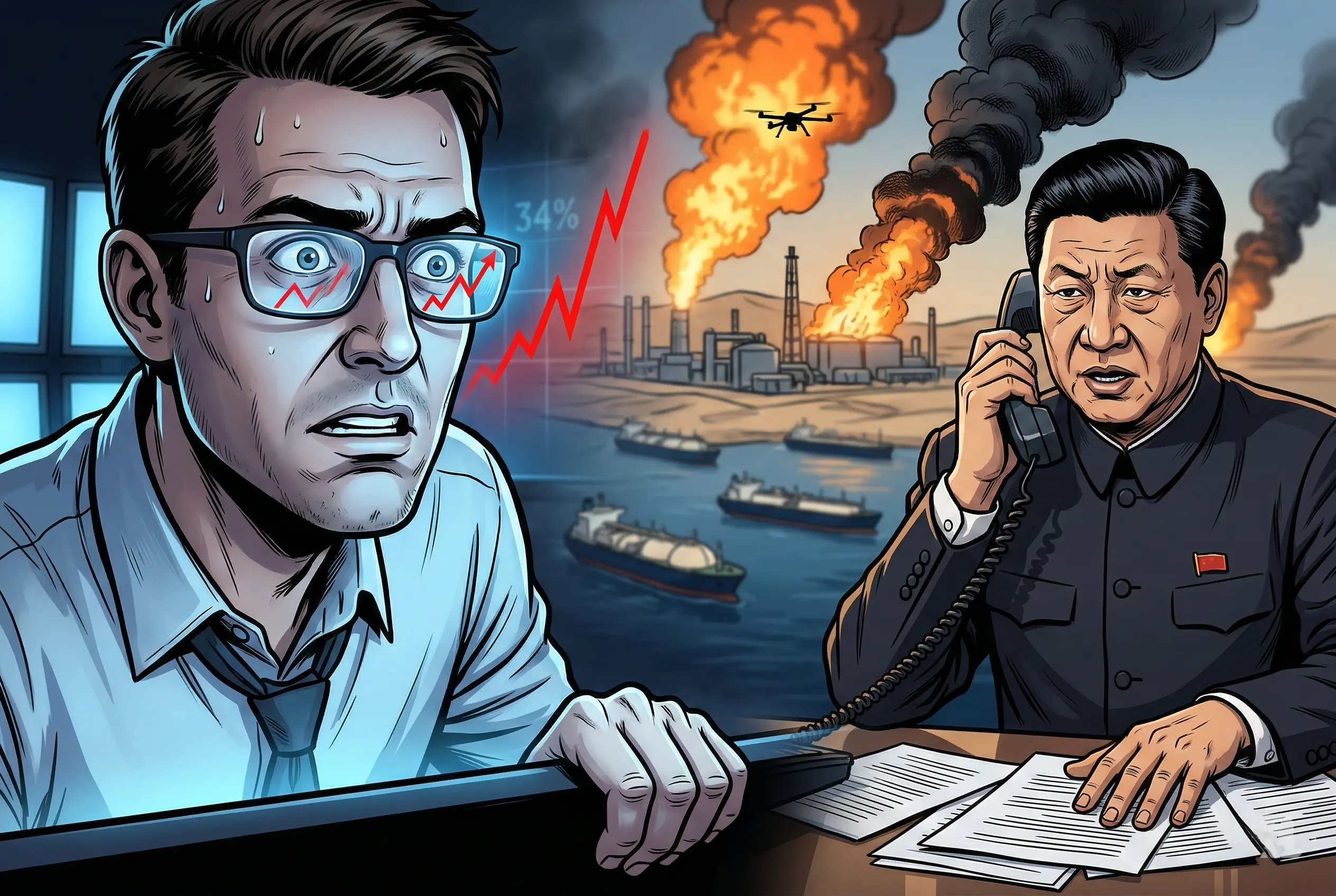 Close-up of shocked European trader with gas price spike reflection, Chinese official on urgent call, and Qatar LNG facility explosion burning in background symbolizing global energy crisis.