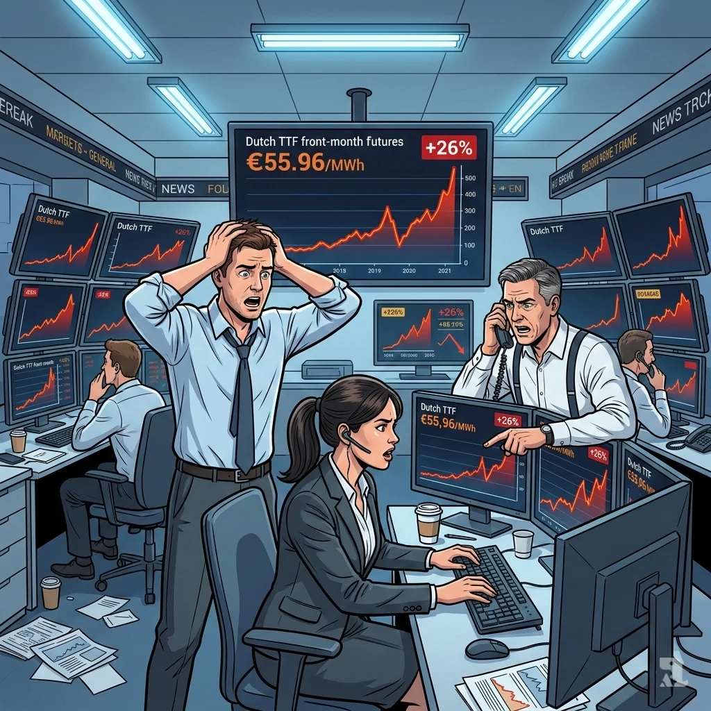 Traders on a European energy trading floor react with shock as screens display the Dutch TTF gas price surging 26 percent to over 55 euros per megawatt-hour.