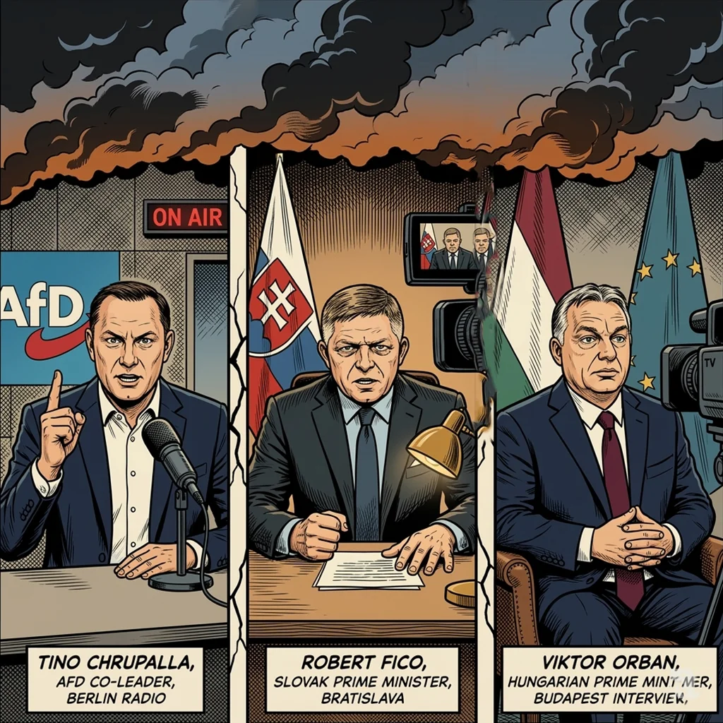 A triptych of three European right-wing leaders reacting to the Iran war. From left to right, Germany's Tino Chrupalla speaks into a radio mic, Slovakia's Robert Fico records a grave video address, and Hungary's Viktor Orban sits with a measured expression in a TV studio, all under a shared smoky sky.