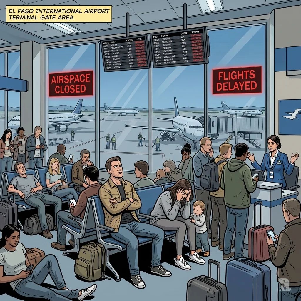 El Paso airport terminal chaos with stranded travelers slumped in seats, staring at red "AIRSPACE CLOSED" signs, grounded planes visible through windows amid FAA emergency shutdown.