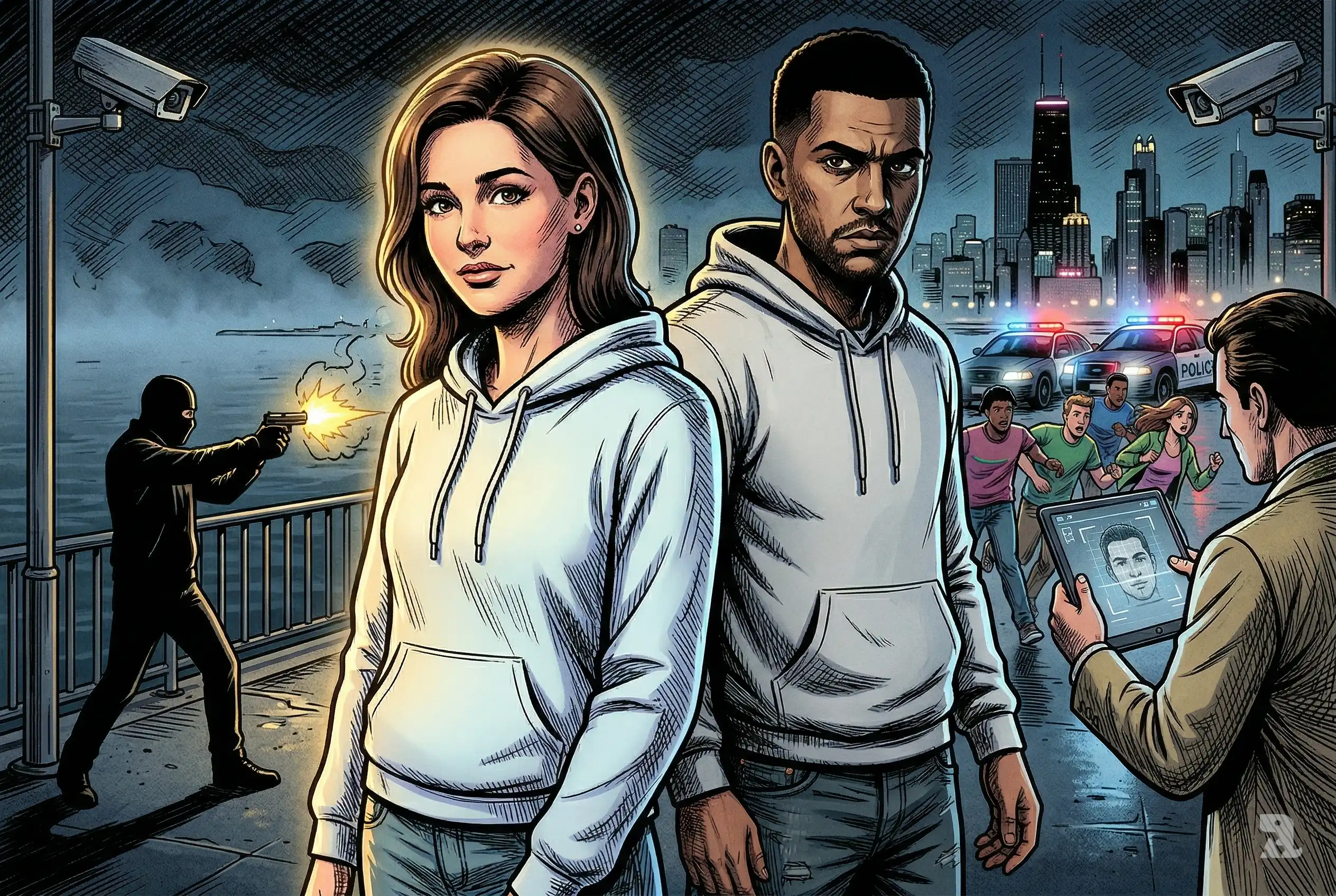 Facial recognition identifies suspect after Chicago pier shooting, showing victim Sheridan Gorman, suspect Jose Medina-Medina, police response, and surveillance technology in dramatic nighttime scene.