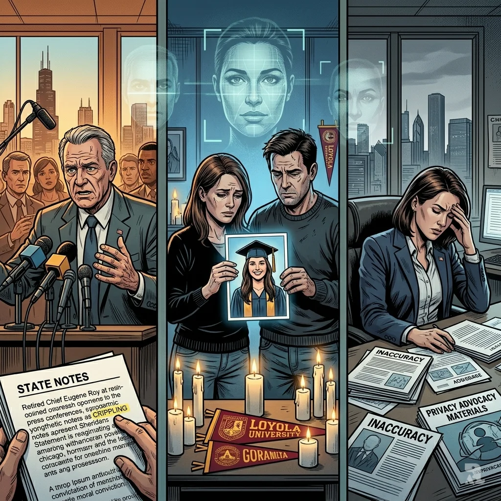 A triptych shows a detective, grieving parents with a photo, and a legislator, connected by ghosted images of facial recognition software.