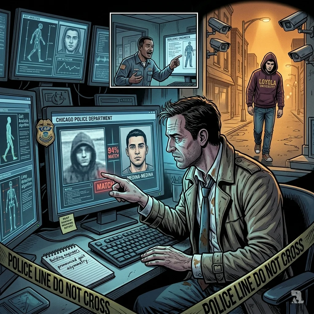 A detective examines a facial recognition match on a monitor, comparing a suspect’s limp to surveillance footage.