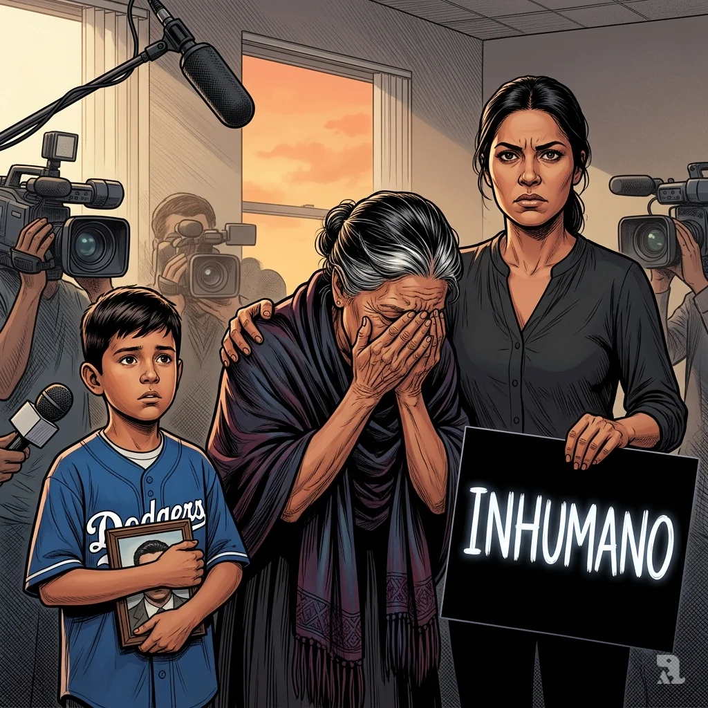 Three generations of a family at a vigil; a grieving woman in a shawl, a younger woman holding an "INHUMANO" sign, and a boy clutching a framed photograph.