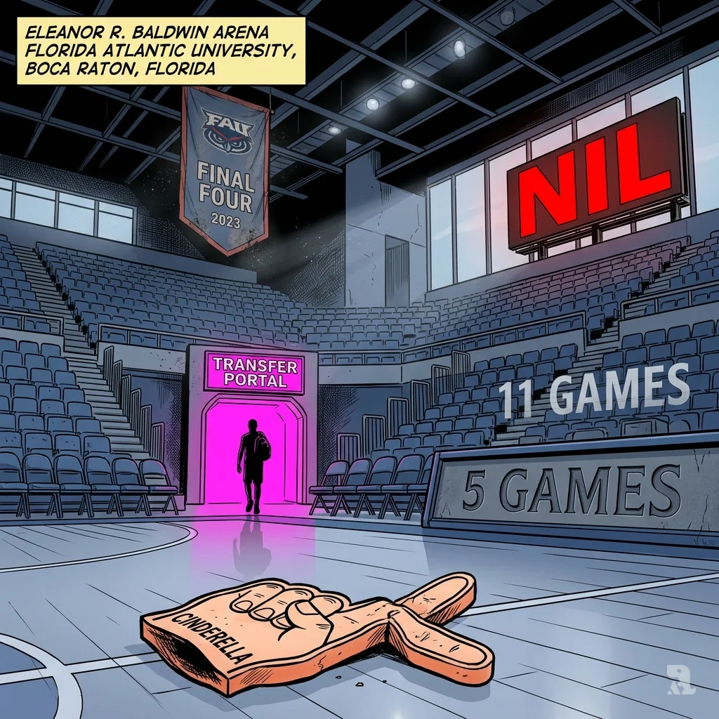 An empty arena with a dusty championship banner, a discarded foam finger, and a glowing transfer portal doorway.