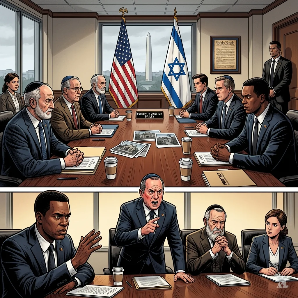 A tense meeting between FBI officials and Jewish leaders. An advocate gestures emphatically across a table, demanding protection.