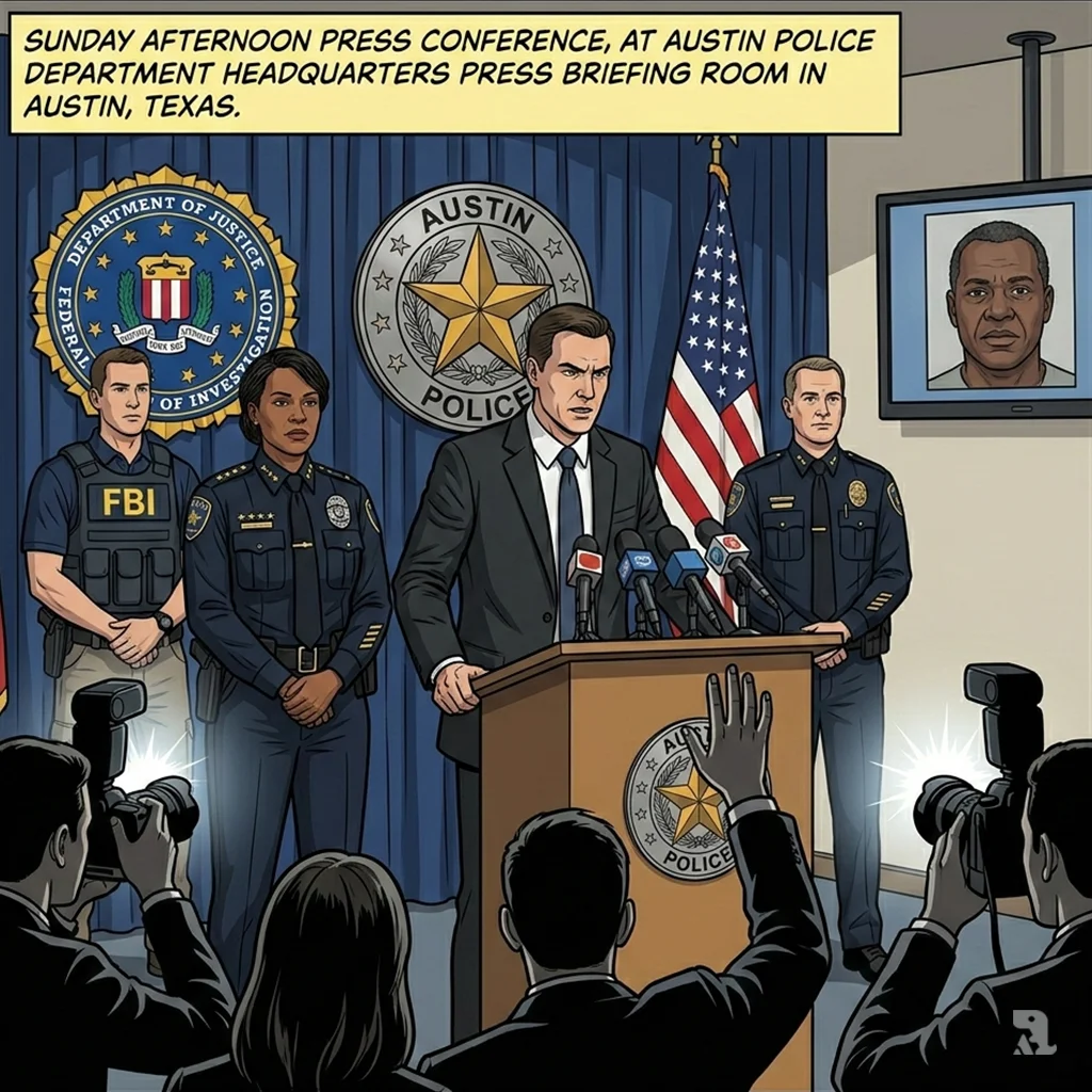 FBI Acting SAC Alex Dorn and Police Chief Lisa Davis hold a press conference. A screen displays the suspect's photo as the shooting is declared a potential act of terrorism.