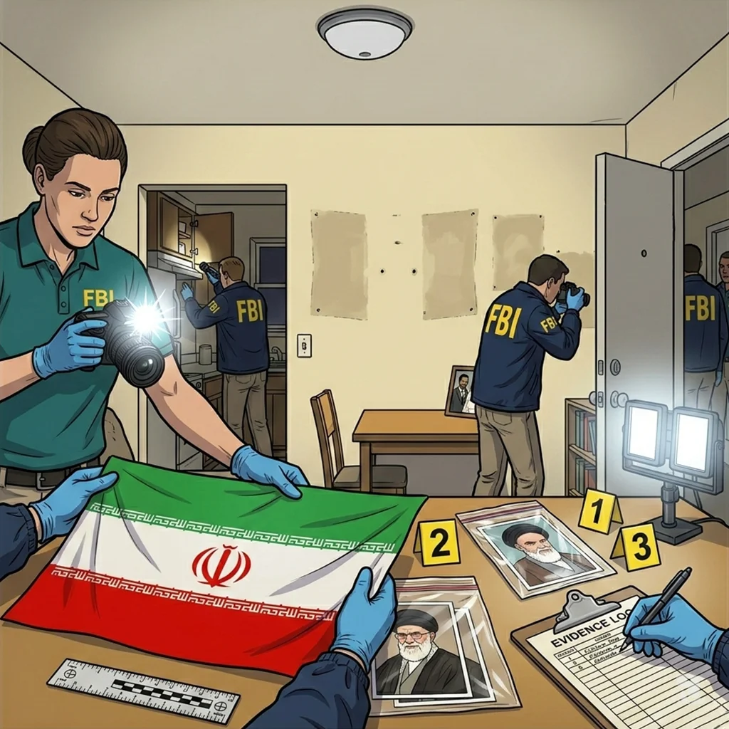 An FBI agent's gloved hands carefully place the Iranian flag and framed regime portraits into evidence bags on a table, documented under bright forensic lights.