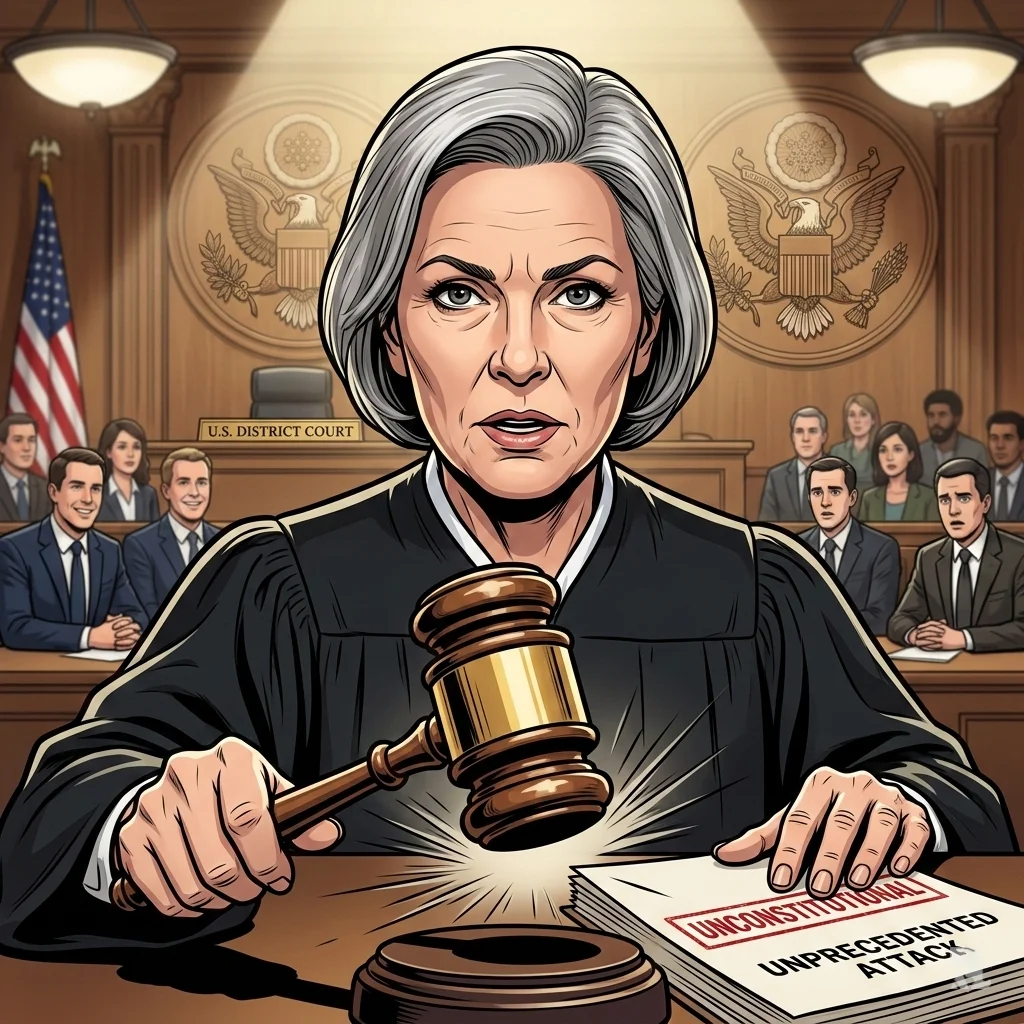 A federal judge's gavel strikes down, with a document reading "UNCONSTITUTIONAL" visible on the bench, ruling against the Trump administration's lawsuits.