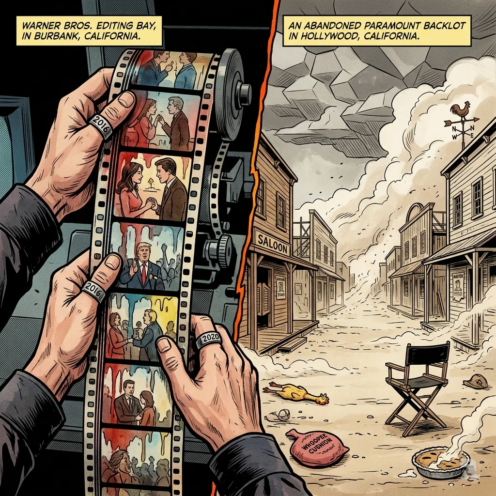 Split image showing film editing reels morphing into political buttons alongside an empty, weathered Western studio backlot.