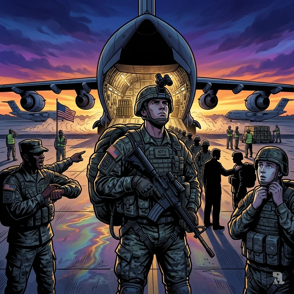 Paratroopers silhouetted against a pre‑dawn sky, loaded with gear and standing before a C‑17 aircraft at Fort Bragg.