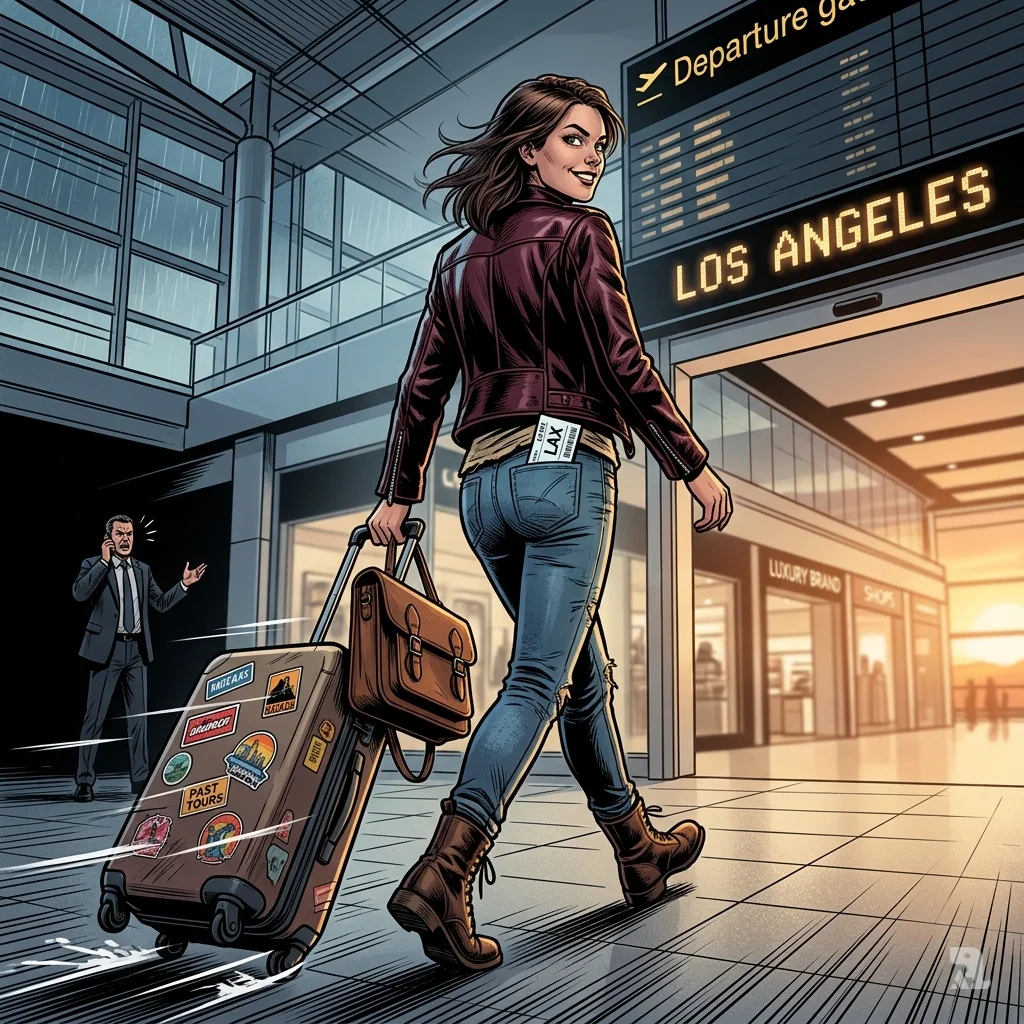 Freya Ridings strides through an airport departure gate, looking back with a smirk, a one-way ticket to LAX visible in her pocket.