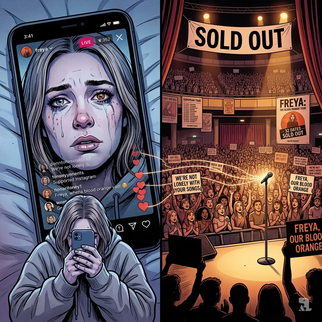 Split image: Freya crying on an Instagram Live call on a phone screen, next to a sold-out venue with fans holding lyric signs.