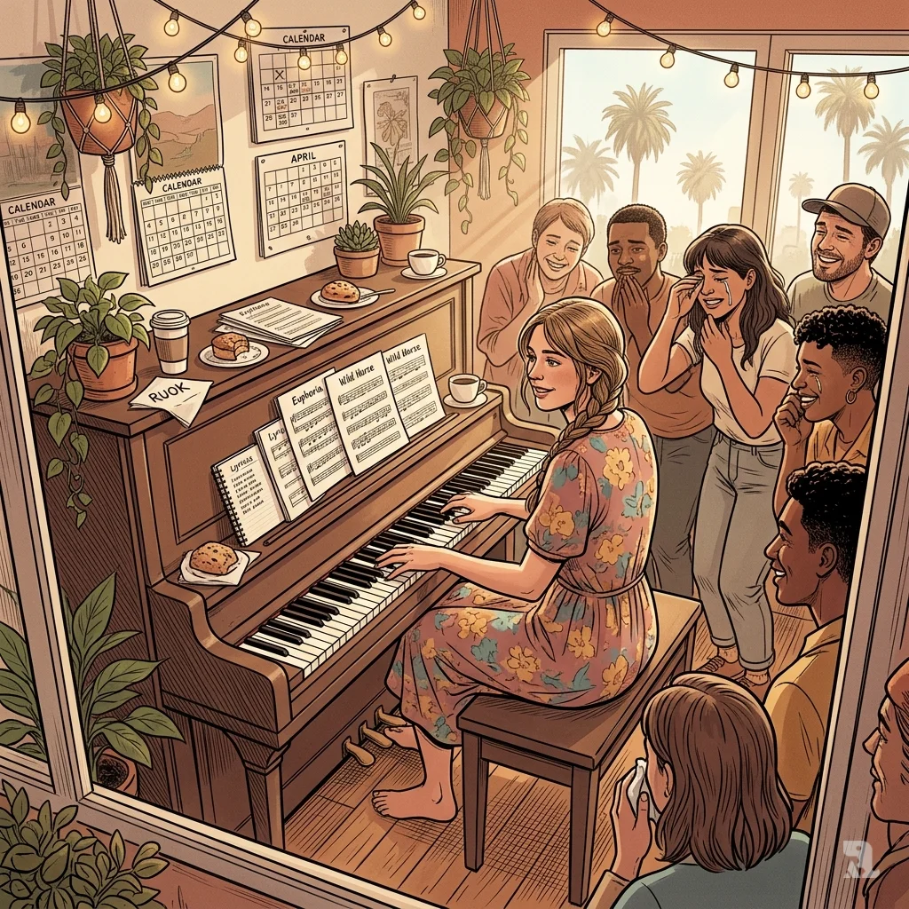 Freya Ridings plays an upright piano in a sunlit LA café, surrounded by a small, attentive audience and potted plants.