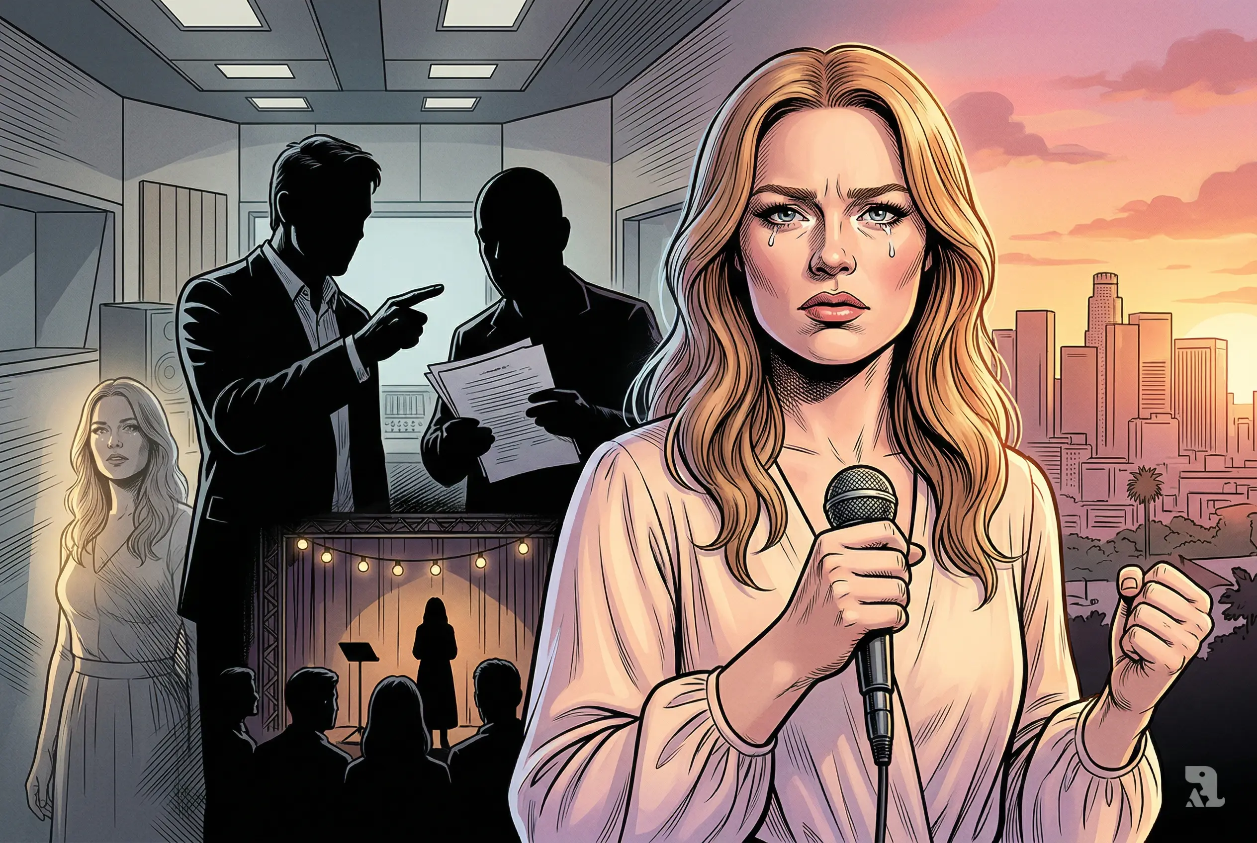Freya Ridings in emotional close-up holding microphone, shadowy industry figures controlling her behind, contrasting studio pressure and Los Angeles freedom in cinematic comic style.